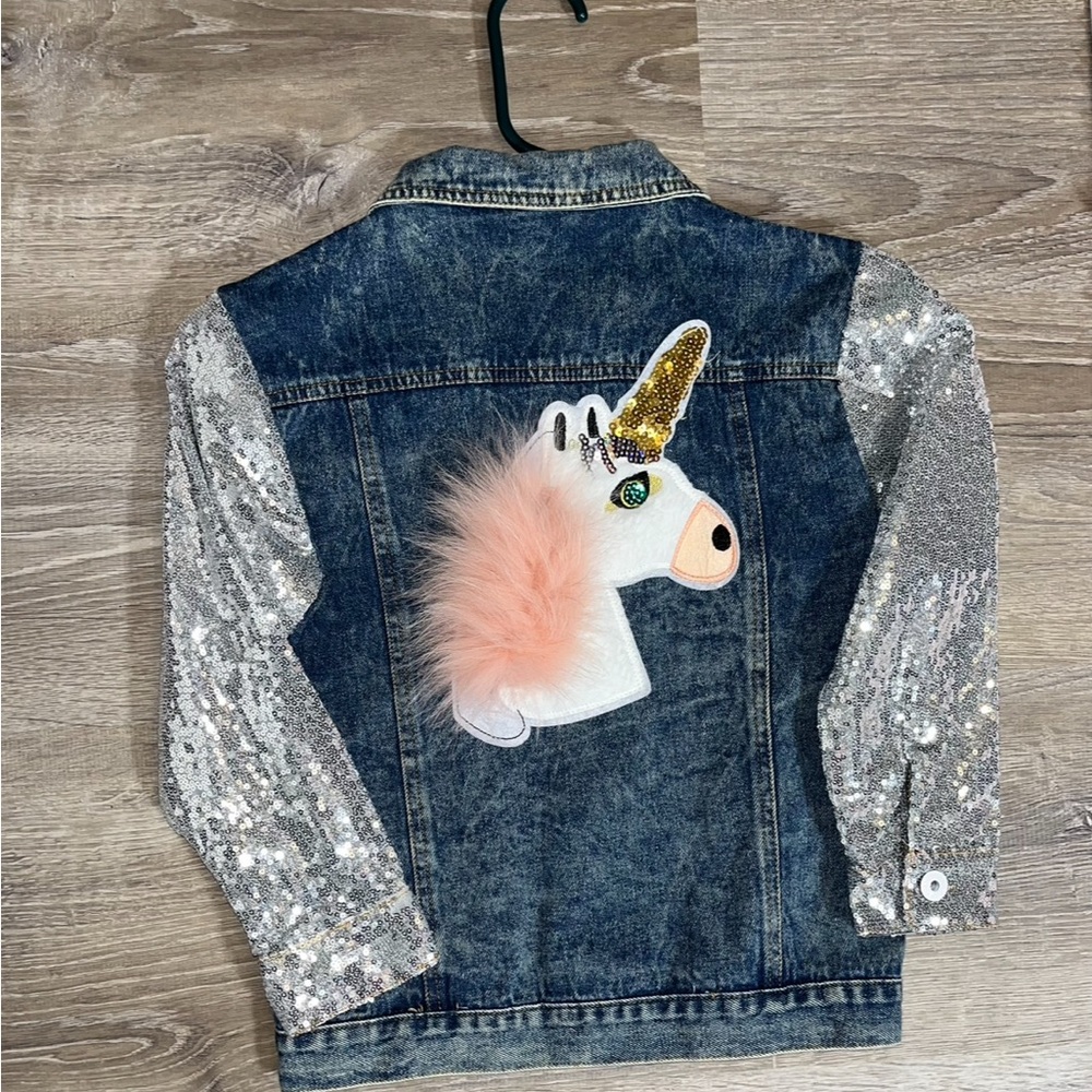 Kids Denim Unicorn Jacket with Silver Sleeves